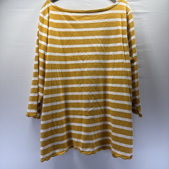 Talbots Women Top Sz 2X Gold White Stripe 3/4 Sleeve 100% Cotton Scallop Hemline - Picture 6 of 8